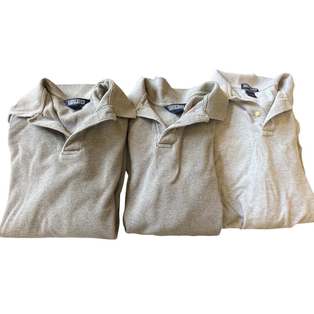 Lot of 3 Lands End Mens Polo Shirt Large Gray Long Sleeve Outdoor Preppy Casual